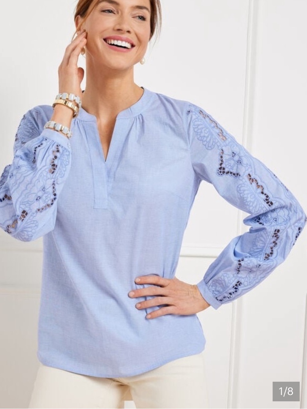 Talbots Light Blue Chambray Embroidered Split-Neck Women’s Blouse Size XL